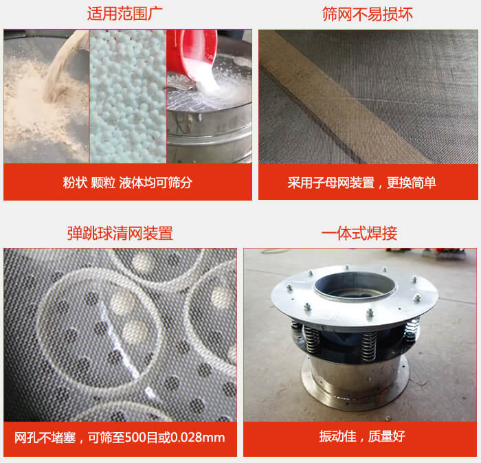 食品振動篩特點：1，效率高？：效率高，設(shè)計精巧耐用，任何粉類，粘液軍可篩分。2，操作簡單采用優(yōu)質(zhì)材料，換網(wǎng)容易，操作簡單，清洗方便。3，網(wǎng)孔不堵塞粉末不飛揚(yáng)，可篩至500目或0.028mm4，精細(xì)做工產(chǎn)品經(jīng)過嚴(yán)格加工程序，做工精細(xì)美觀耐用。5，獨(dú)特網(wǎng)架設(shè)計篩網(wǎng)使用時間長久，換網(wǎng)只需3-5分鐘。