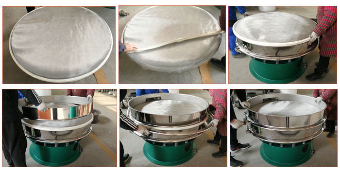 食品振動篩網(wǎng)安裝步驟3，將密封圈安裝到網(wǎng)架周圍，將篩框放到網(wǎng)架上，并利用束環(huán)將上下兩層篩框固定在一起。