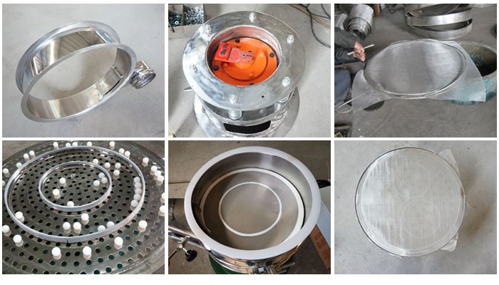 不銹鋼小型振動篩細節(jié)：振動篩篩框，振動電機座，篩網(wǎng)，彈跳球，密封圈，篩網(wǎng)網(wǎng)架。
